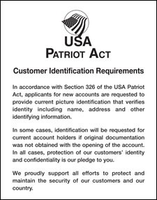 Patriot Act Sign w/ Flag (Customer Identification) 11" X 14" Sign